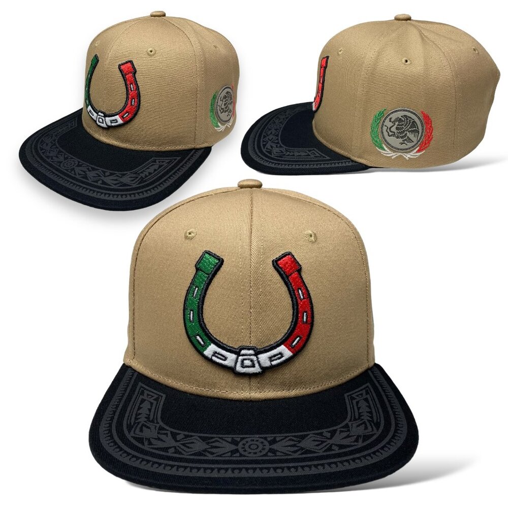 Mexico Flag Horseshoe 3D Embroidered Baseball Cap, Tan Flat Brim, Western Hat